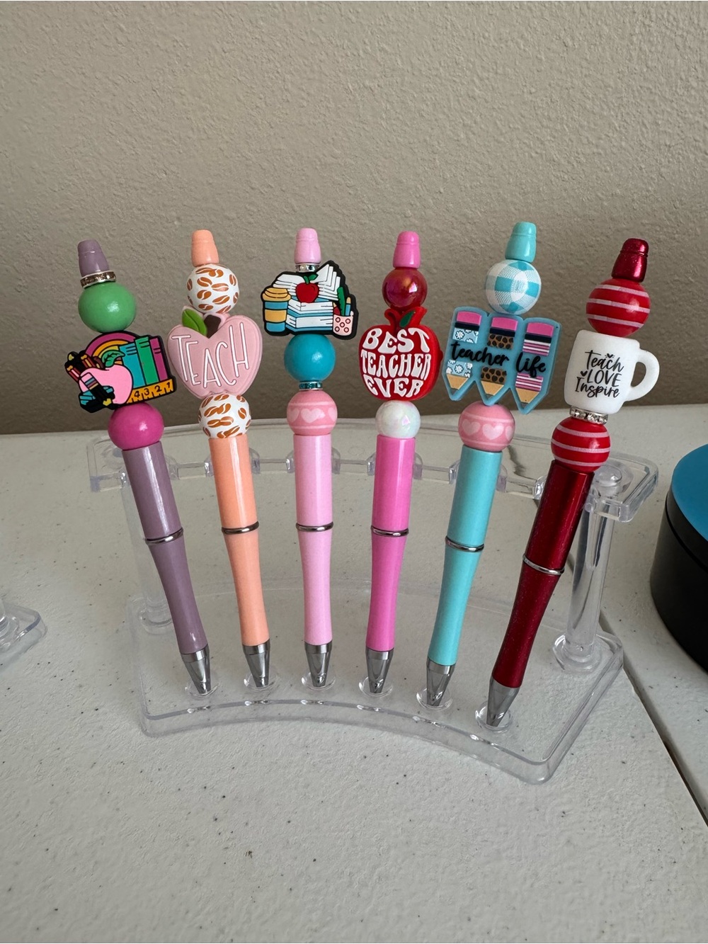 Colorful Teacher-Themed Ballpoint Pen Set - Pink, Teal, Red, Peach, Lavender
